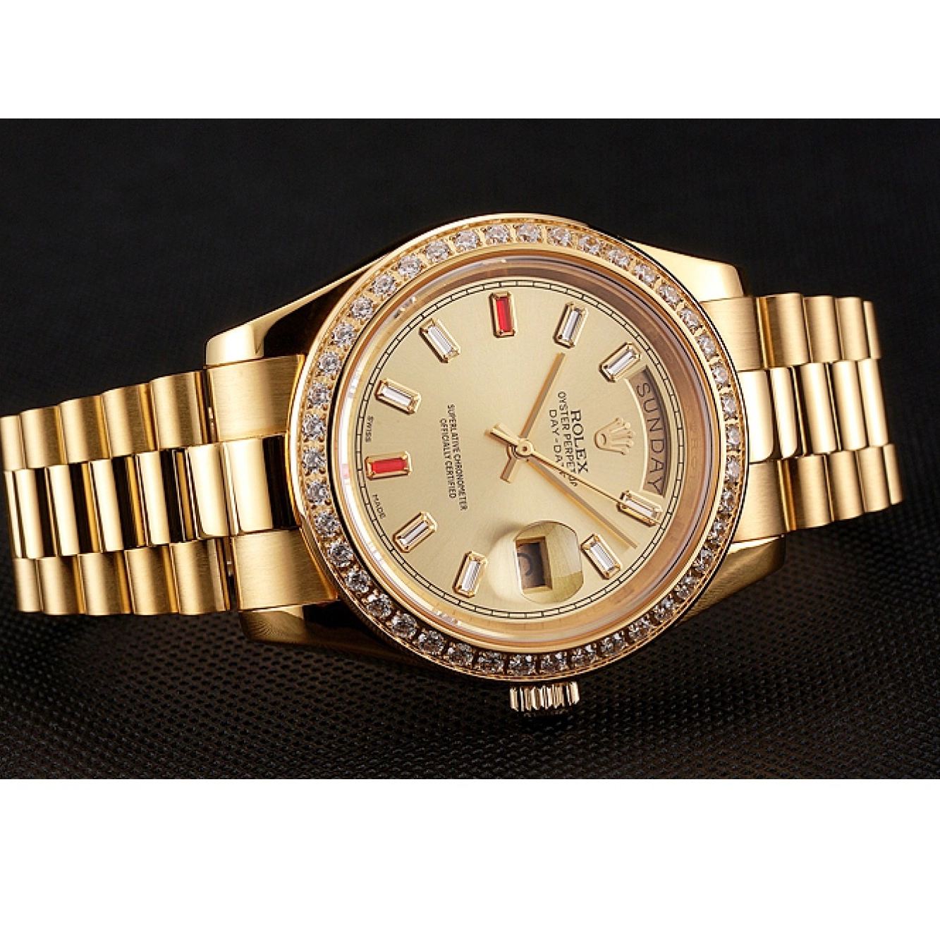 Aaa replica watch Rolex And Diamonds Champagne Dial Gold Swiss Rubies Bracelet Day-Date 1454100 0707